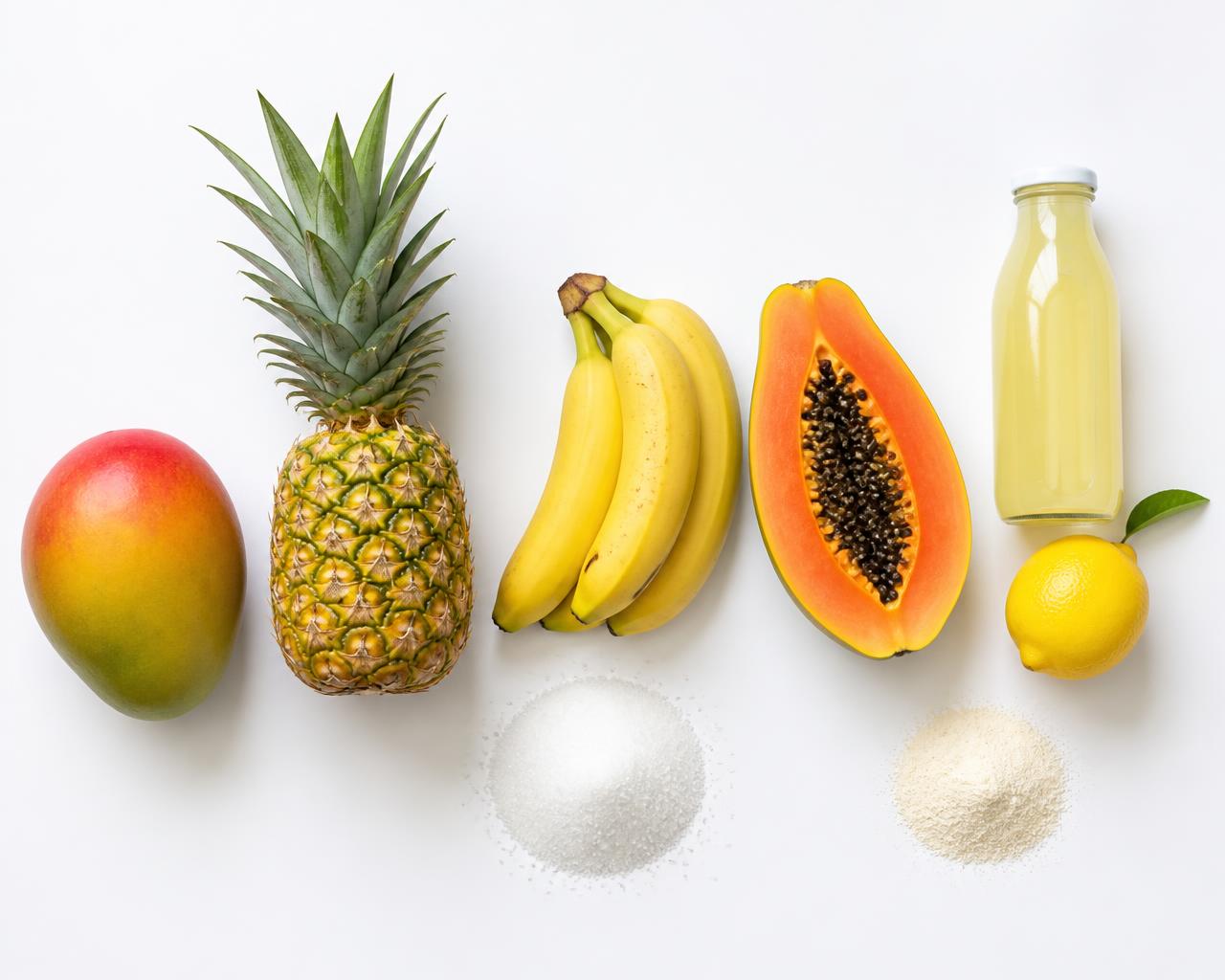 Fresh mango, pineapple, bananas and papaya beside a pile of white sugar, a bottle of lemon juice with a lemon, and a small pile of fruit pectin